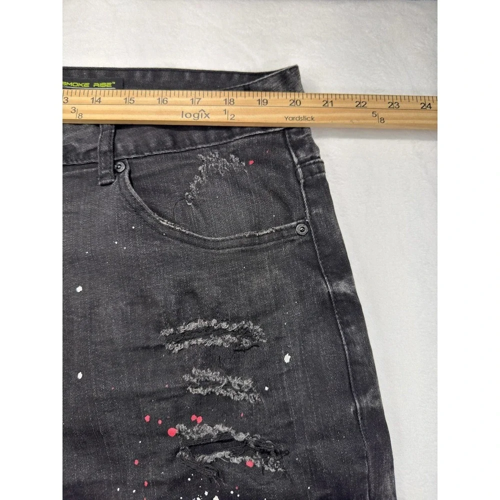 Smoke Rise Jeans Mens 40x32 Charcoal Denim Slim Distressed Paint Splatter